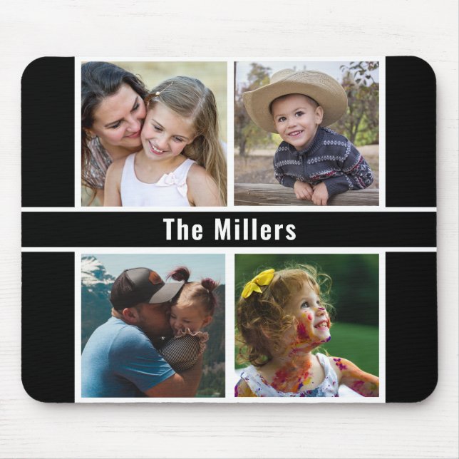 Create Your Own Family Name 4 Photo Collage Black Mouse Pad (Front)