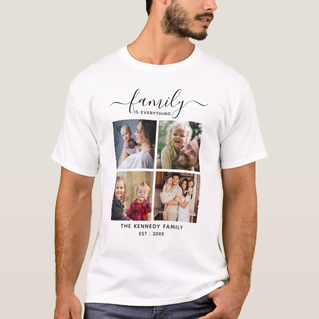 Create Your Own Family Name 4 Photo Collage Black T-Shirt (Front)