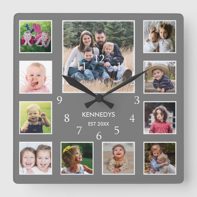 Create Your Own Family Name Photo Collage Gray Square Wall Clock (Front)