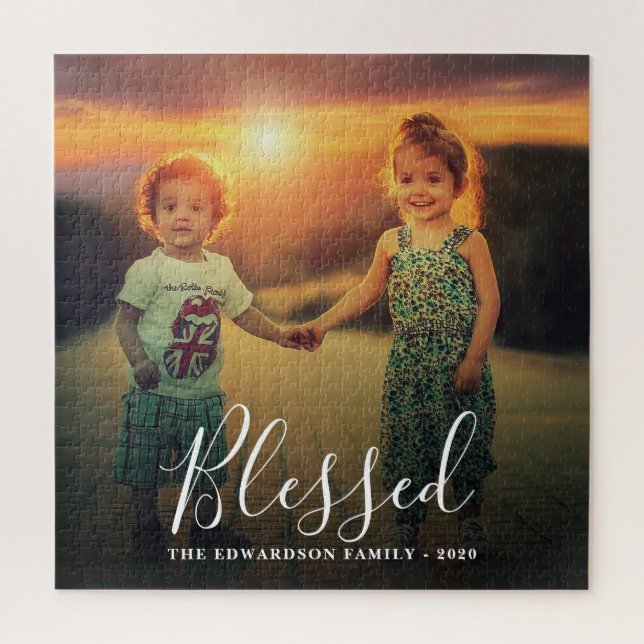 Create your own family photo Blessed name script Jigsaw Puzzle (Vertical)