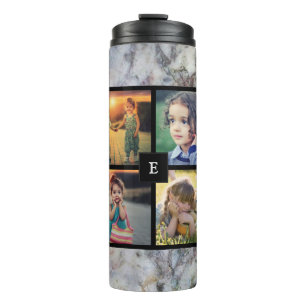 Create your own family photo collage grey marble thermal tumbler