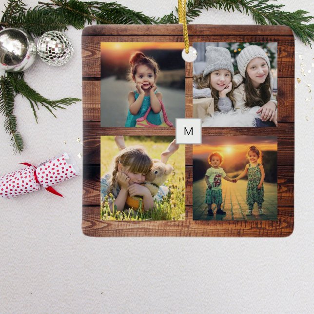 Create your own family photo collage monogrammed ceramic ornament (Creator Uploaded)