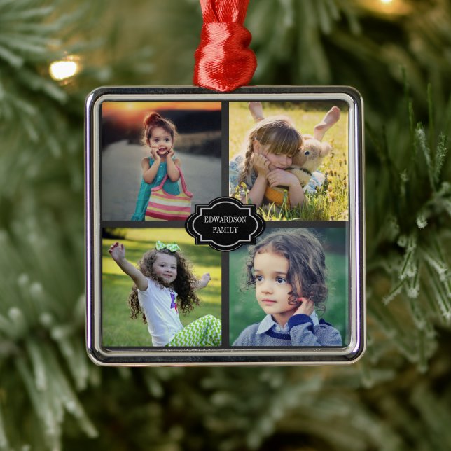 Create your own family photo collage monogrammed metal ornament (Tree)