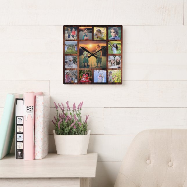 Create your own family photo collage rustic wood square wall clock (Reading Room)