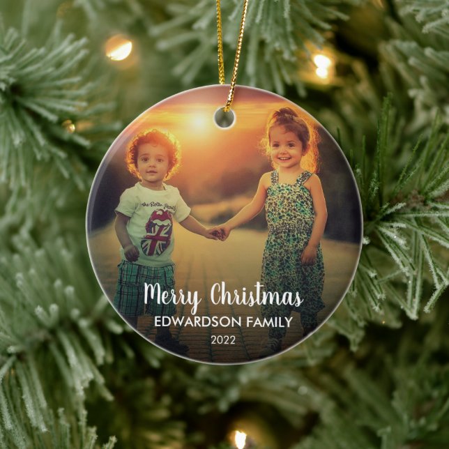 Create your own family photo Merry Christmas Ceramic Ornament (Tree)