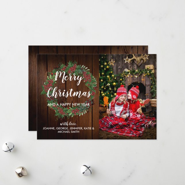 Create your own family photo Merry Christmas holly Holiday Card (Front/Back In Situ)