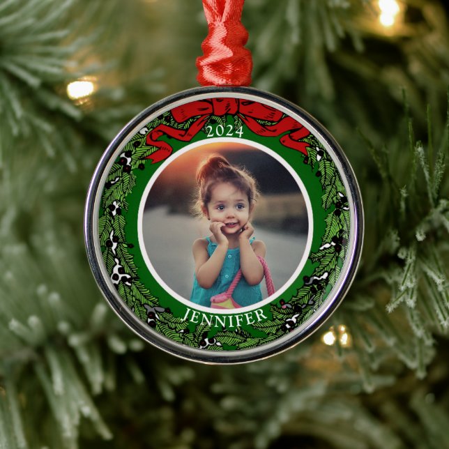 Create your own family photo monogram year metal ornament (Tree)