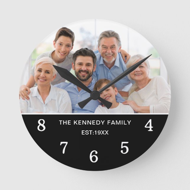 Create Your Own Family Photo Name Black And White Round Clock (Front)