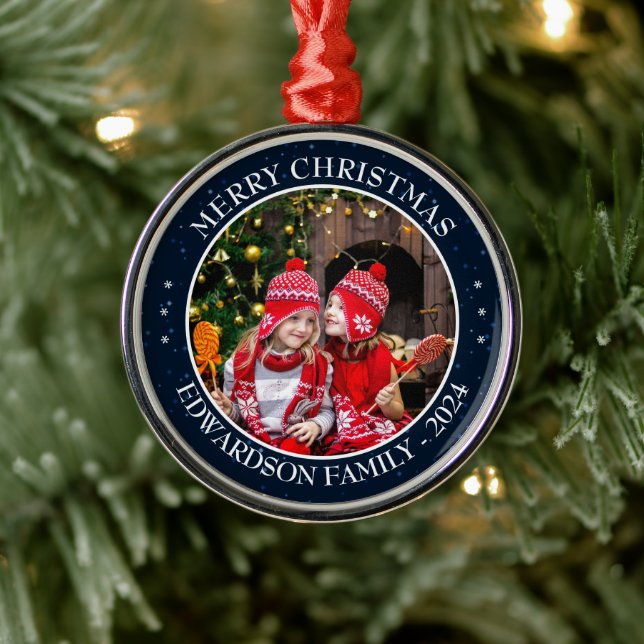 Create your own family photo personal Christmas Metal Ornament (Tree)
