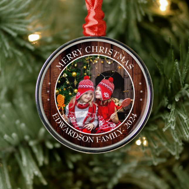Create your own family photo personal Christmas Metal Ornament (Tree)