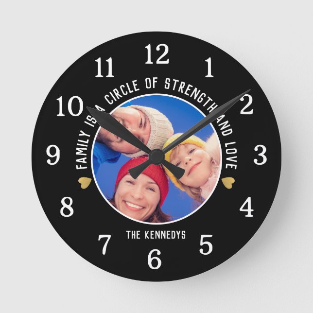 Create Your Own Family Photo Quote Black  Round Clock (Front)