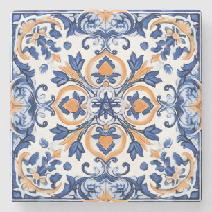 Create Your Own Faux Painted Blue Orange Talavera Stone Coaster