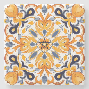 Create Your Own Faux Painted Fiery Blue Floral Stone Coaster