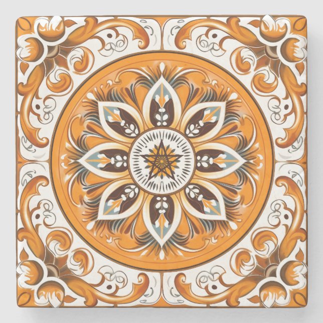 Create Your Own Faux Painted Orange Mandala Flower Stone Coaster (Front)
