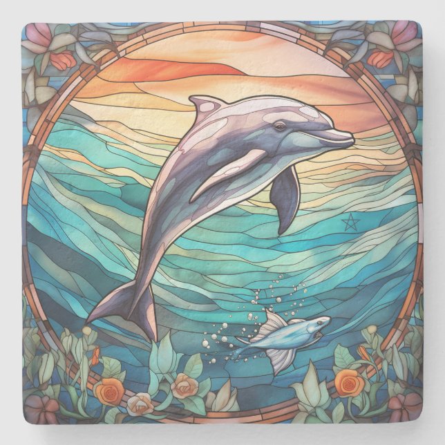 Create Your Own Faux Stained Glass Sunset Dolphin Stone Coaster (Front)