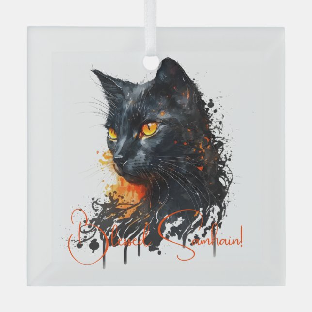 Create Your Own Fiery Black Cat Bust Glass Tree Decoration (Front)