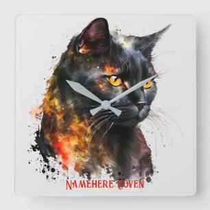 Create Your Own Fiery Black Cat Bust Square Wall Clock