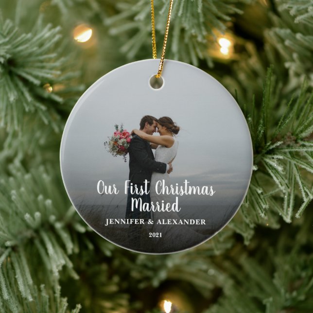 Create your own First Christmas Married photo Ceramic Ornament (Tree)