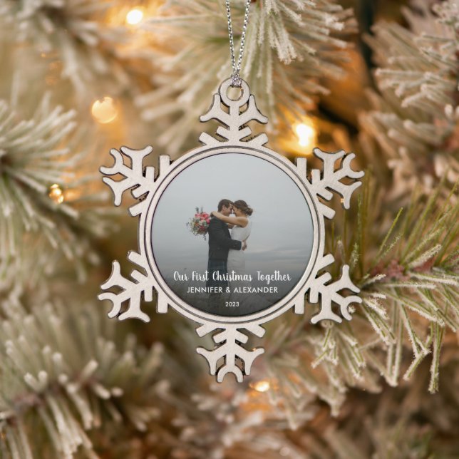 Create your own First Christmas Together photo Snowflake Pewter Christmas Ornament (Tree)