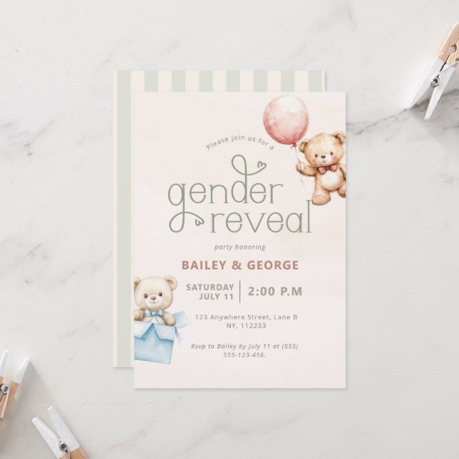 Create Your Own Gender Reveal Teddy Bear Striped Invitation (Front/Back In Situ)