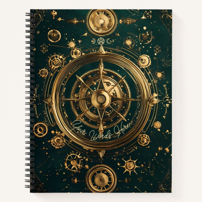 Create Your Own Gilded Teal Steampunk Compass Rose Notebook (Front)