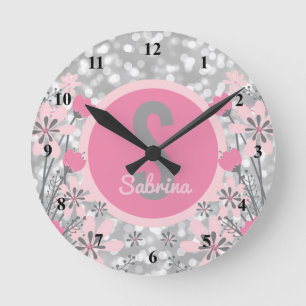 Create Your Own Girls Name   Floral Pink Silver Round Clock