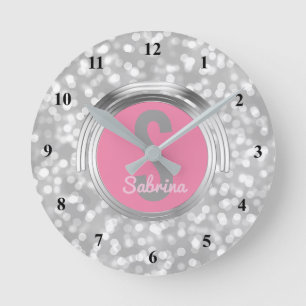 Create Your Own Girls Name   Pink Silver Glitter Round Clock