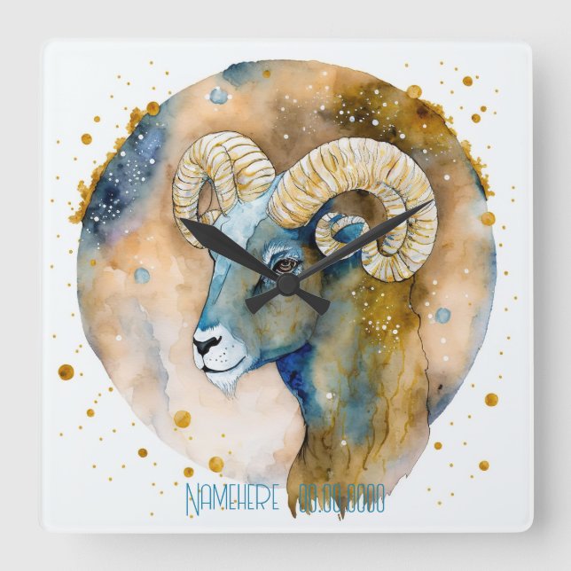 Create Your Own Gold & Blue Aries Zodiac Square Wall Clock (Front)
