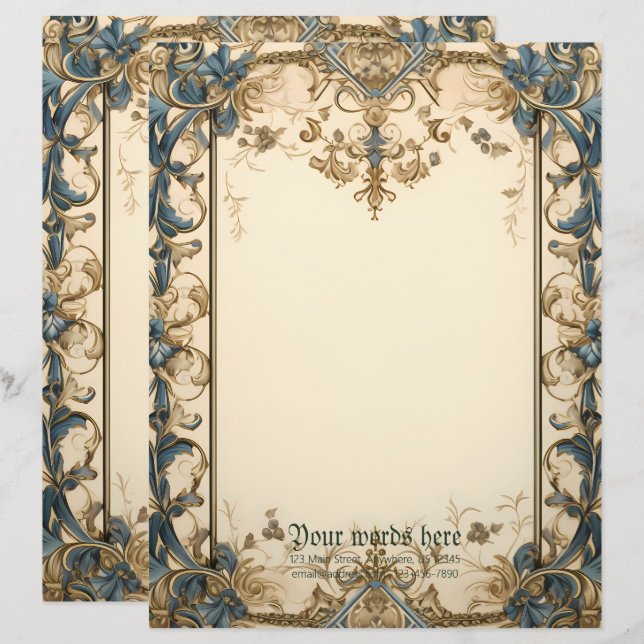 Create Your Own Gold Blue Mediaeval Floral Custom Letterhead (Front/Back)