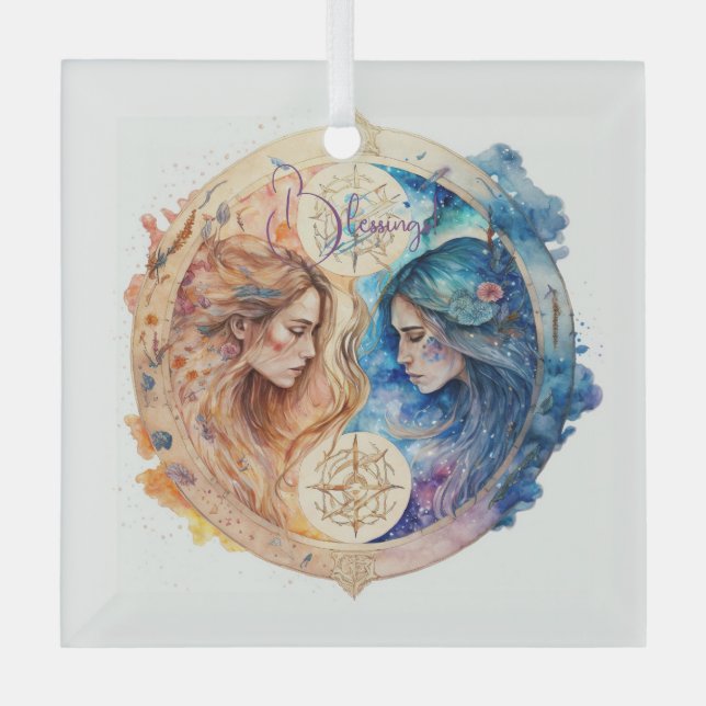 Create Your Own Gold & Blue Mystical Gemini Zodiac Glass Tree Decoration (Front)