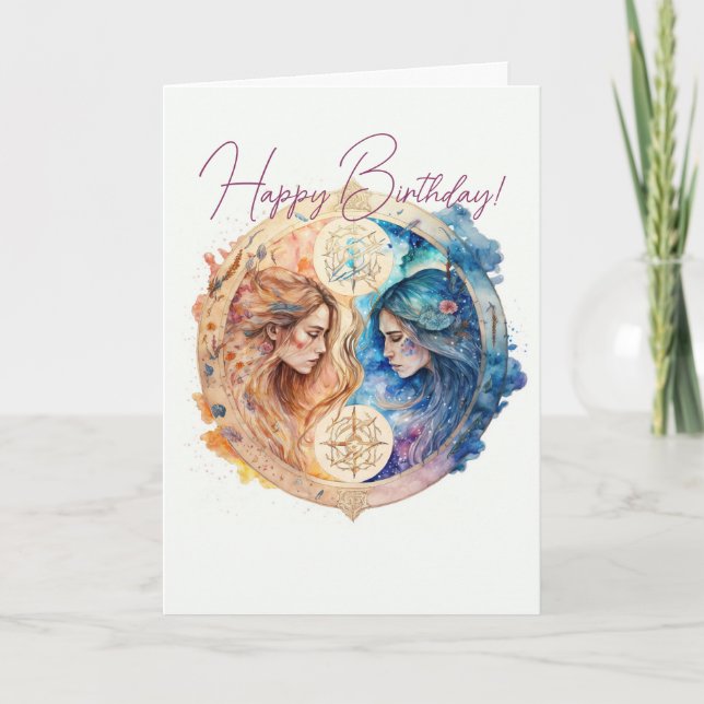 Create Your Own Gold & Blue Mystical Gemini Zodiac Holiday Card (Front)