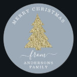 Create Your Own Gold Glitter Christmas Dusty Blue Classic Round Sticker<br><div class="desc">Create Your Own Gold Glitter Christmas Tree Dusty Blue Holiday Round Sticker.</div>