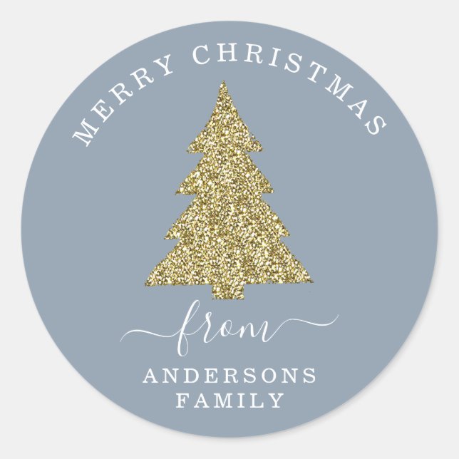 Create Your Own Gold Glitter Christmas Dusty Blue Classic Round Sticker (Front)