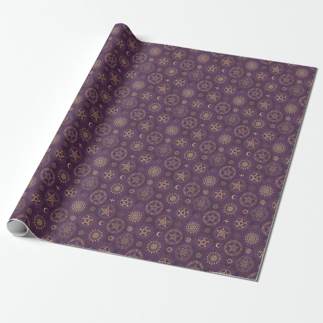 Create Your Own Gold Pentacles Moon Purple Wrapping Paper (Unrolled)