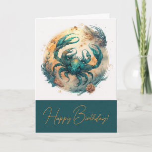 Create Your Own Gold & Teal Mystical Cancer Zodiac Holiday Card