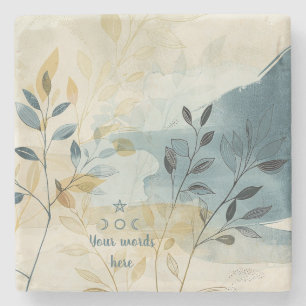 Create Your Own Golden Blue Leafy Flora Minimilist Stone Coaster