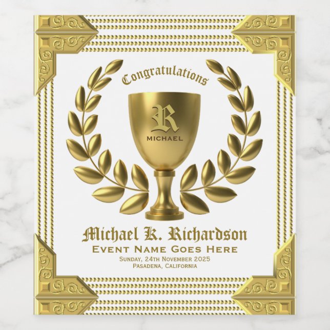 Create Your Own Golden Cup Laurel Wreath Monogram Wine Label (Single Label)