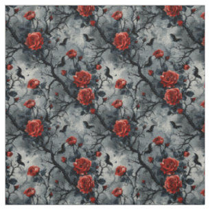 Create Your Own Gothic Bats Red Roses Grey Fabric