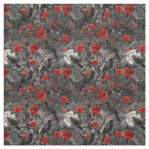 Create Your Own Gothic Moon Ravens Red Roses Grey Fabric
