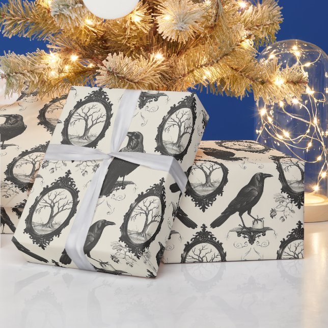 Create Your Own Gothic Raven Trees Damask Wrapping Paper (Holidays)