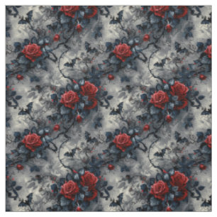 Create Your Own Gothic Red Roses Bats Grey Fabric