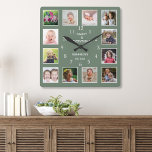 Create Your Own Green 12 Photo Collage Frame   Square Wall Clock<br><div class="desc">Create your own photo collage wall clock with 12 of your favorite pictures. The photo frame clock helps you treasure your special moments and also makes a thoughtful gift for parents, grandparents and friends. The personalized family clock makes it a perfect gift for all occasions. Personalize with family name and...</div>