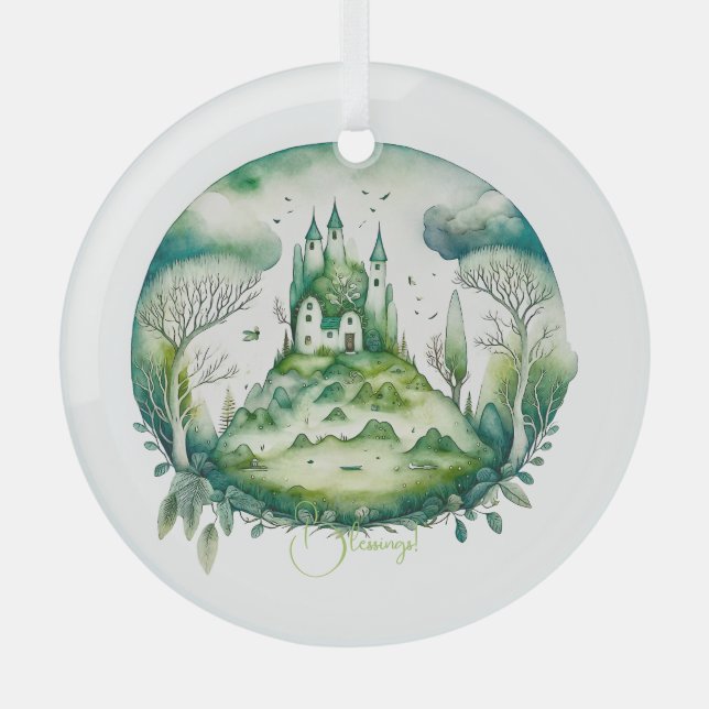 Create Your Own Green Fantasy Castle Landscape Glass Tree Decoration (Front)