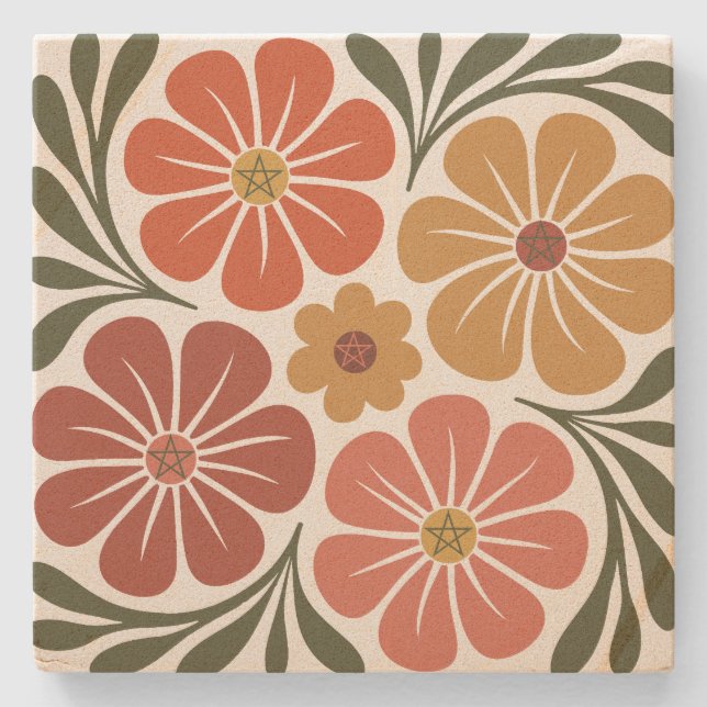 Create Your Own Groovy Retro Wildflowers Stone Coaster (Front)