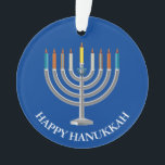 Create Your Own Hanukkah Menorah Ornament<br><div class="desc">Create Your Own Hanukkah Menorah Acrylic Ornament. Menorah with nine candles and star of David on a blue festival of lights background on the front and back of the ornament. Happy holiday greetings and name of the family on the back. Place your own text, as desired. Choose the shape of...</div>