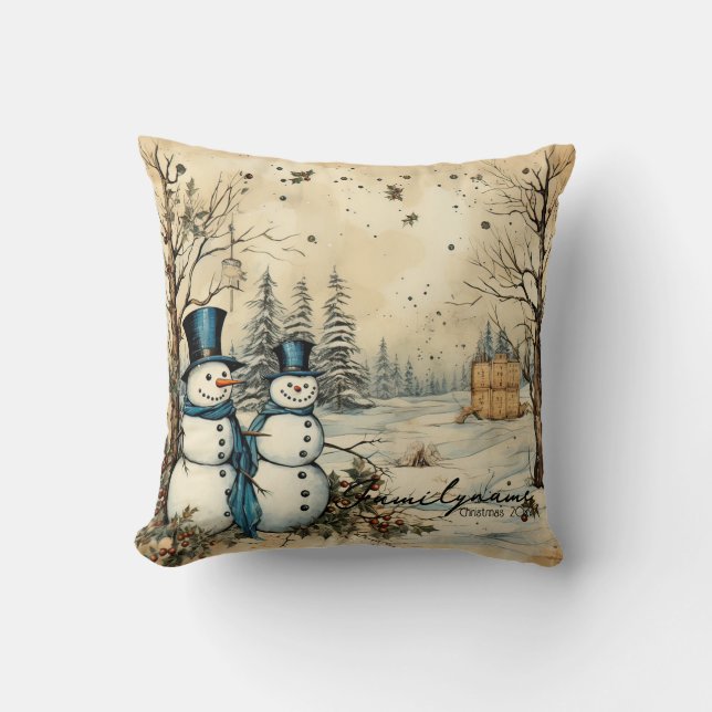 Create Your Own Happy Winter Snowman Couple Cushion (Front)