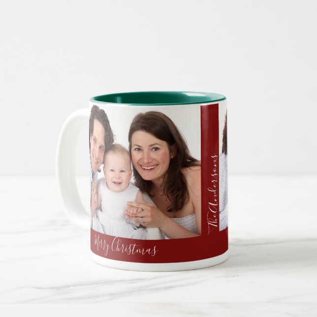 Create Your Own Holiday Christmas Family 2 Photos Two-Tone Coffee Mug (Front Left)