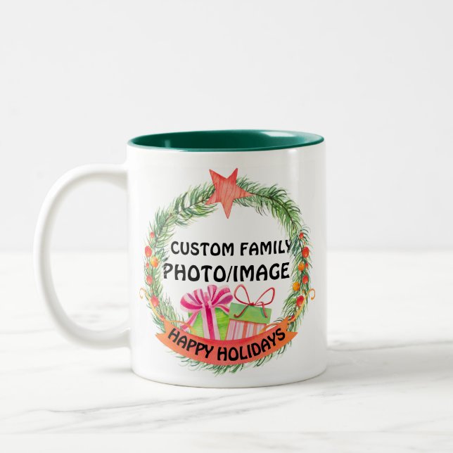 Create Your Own Holiday Christmas Family Photo  Two-Tone Coffee Mug (Left)