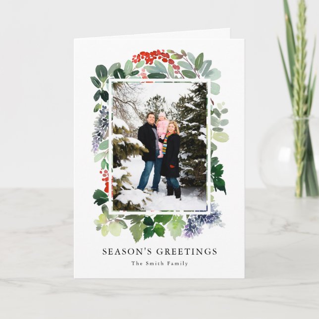 Create Your Own Holiday Greenery Frame Photo Card (Front)