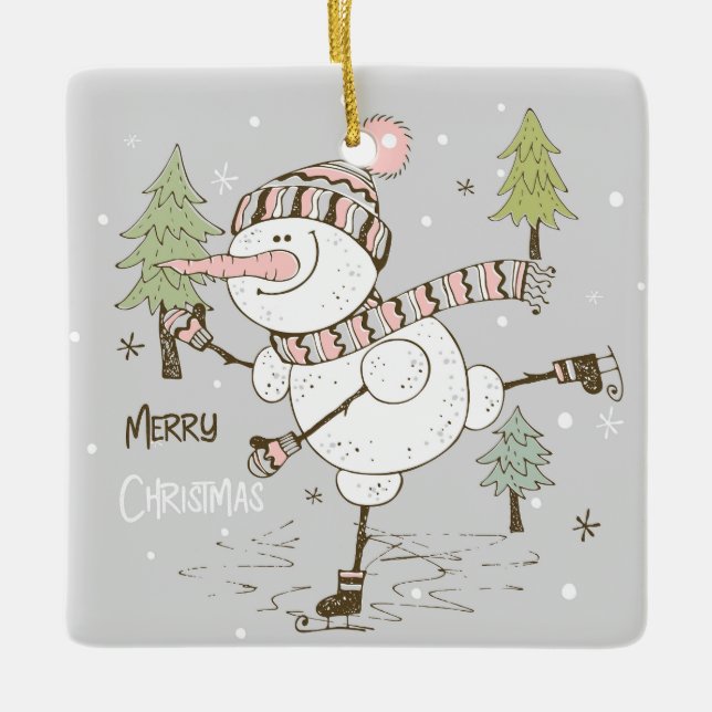 Create Your Own Ice Skating Winter Snowman Ceramic Ornament (Front)